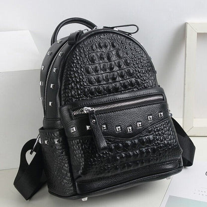 Top Cow Leather Black Women's bag, Soft Leather Crocodile Print Backpack Travel