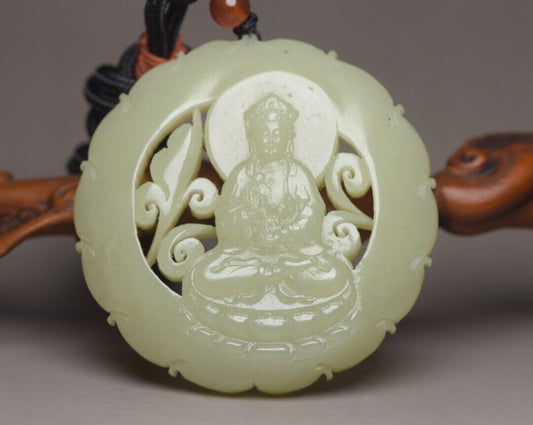 Chinese Natural Hetian Jade Carved Kwan Yin Statue Good Luck Pendant Jewelry Art