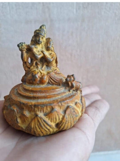 Antique Vintage Old Lord Radha Krishna on Lotus Collectible Statue Brass Idol