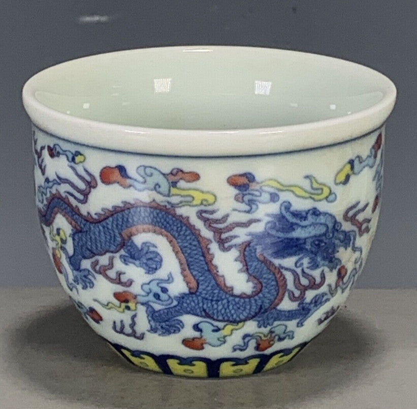 Chinese Ming Chenghua Blue & White Doucai Porcelain Dragon Phoenix Teacup 3.15"