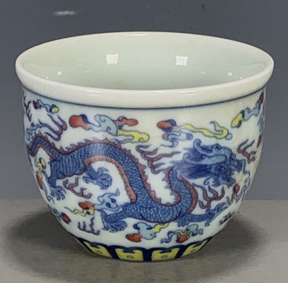Chinese Ming Chenghua Blue & White Doucai Porcelain Dragon Phoenix Teacup 3.15"