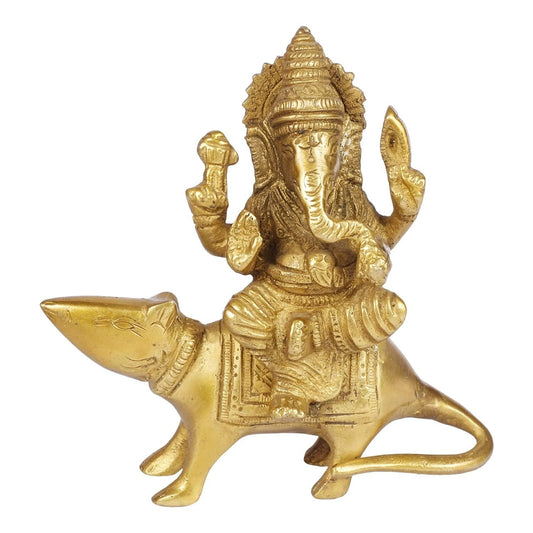 Brass Ganesha Sitting on Mooshak Mouse Idol Statue Decor Figurine