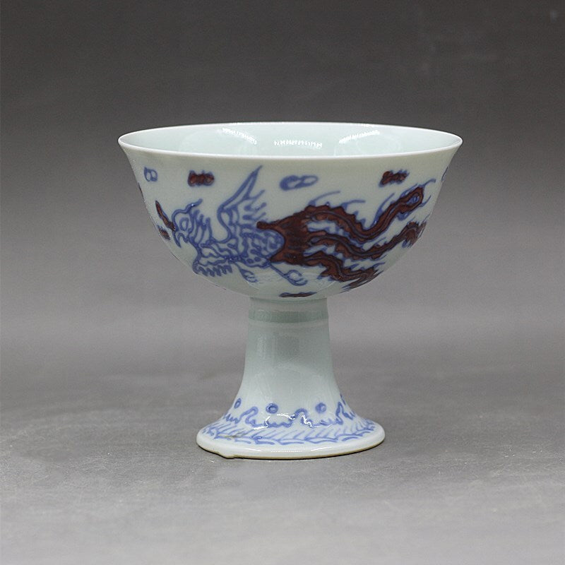 4.7" Chinese Ming Blue White Porcelain Red Glaze Animal Dragon Phoenix Cup
