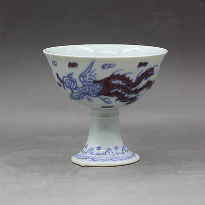 4.7" Chinese Ming Blue White Porcelain Red Glaze Animal Dragon Phoenix Cup