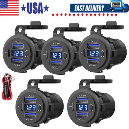 12V-24V PD+QC3.0 Dual USB Car Fast Charger Power Socket Outlet LED Voltmeter lot