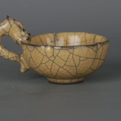 Song Kiln Iron Tire Yellow Glaze Dragon Handle Teacup Antique Porcelain Ornament