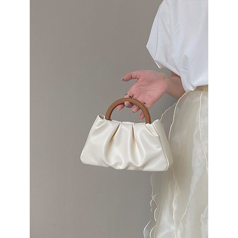 Women Shoulder Bags Wood Handle Leather Handbags Ladies Tote Crossbody Bag Shell