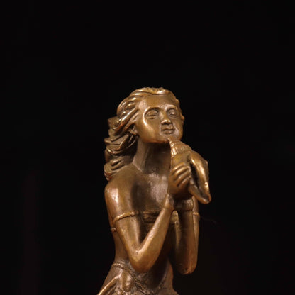 7" Brass Mermaid Girl Dolphin Beauty Sculpture Artwork Figurine Home Decor