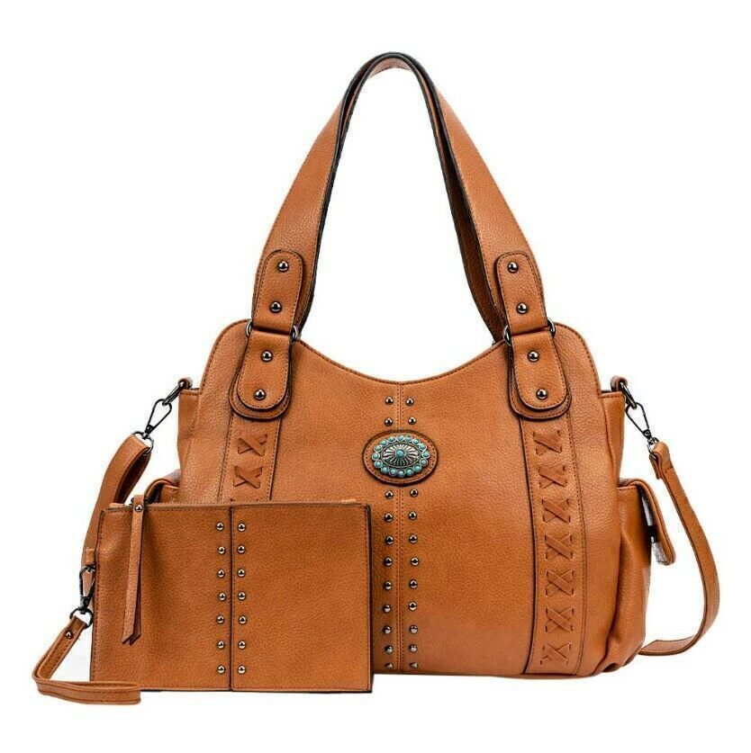 2pcs Celela Women Shoulder Handbag Bag Turquoise Concho Studs Stitch Hobo Purse