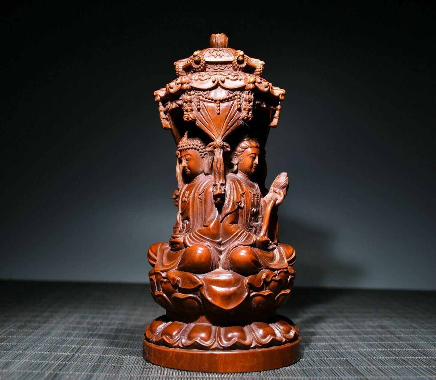 Collect Chinese Wood Carving Boxwood Wooden Sculpture Three Buddha Statue Decor