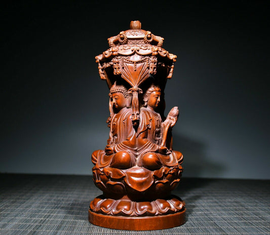 Collect Chinese Wood Carving Boxwood Wooden Sculpture Three Buddha Statue Decor