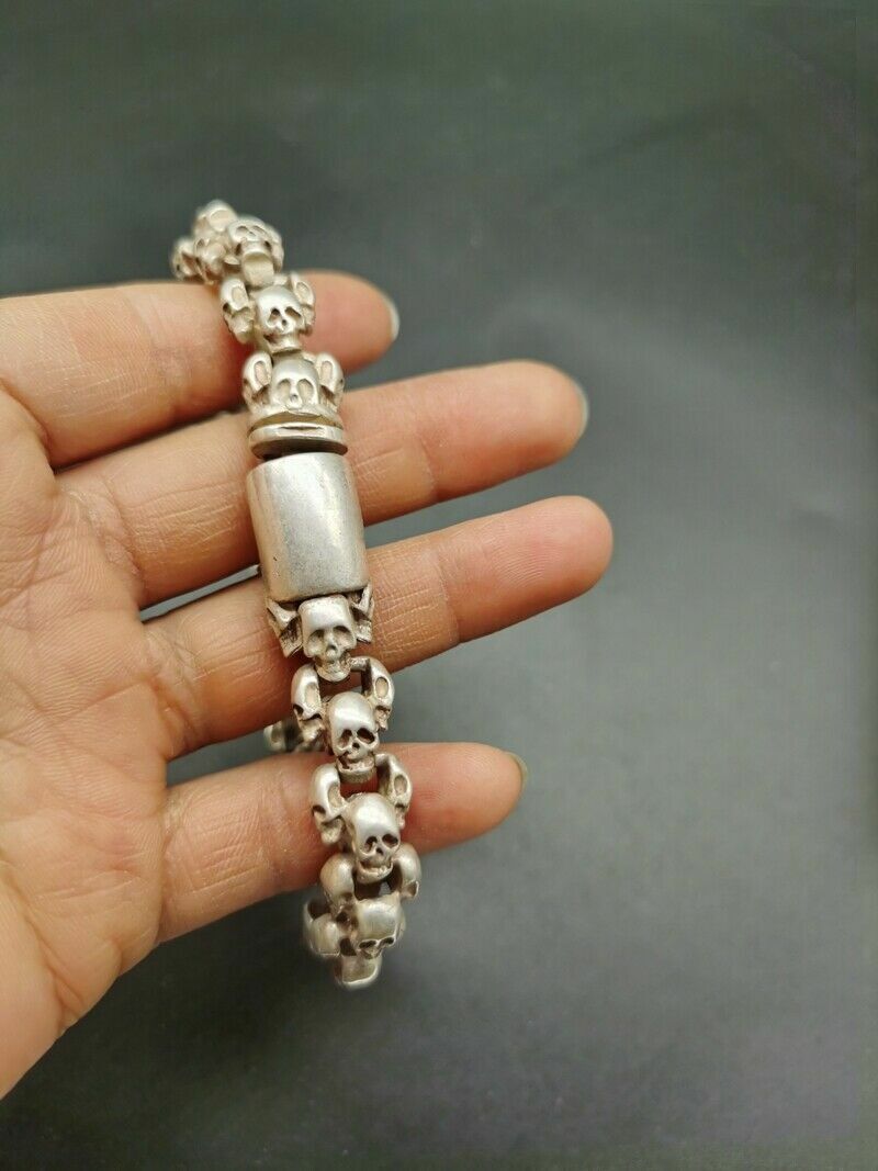 Old Chinese tibet silver hand-carved Skull lucky Bracelet