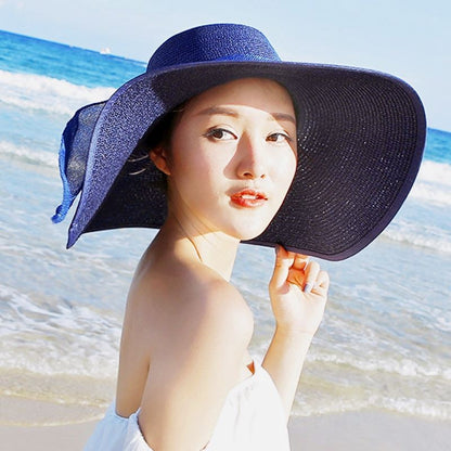 Outdoor Seaside Woman Fashion Big Bow Large Brimmed Cap Foldable Straw Hat