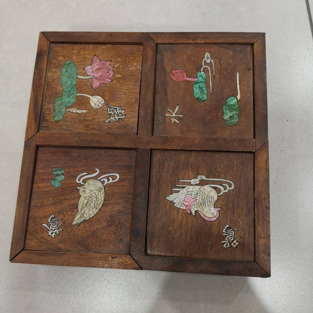Vintage Rosewood 4-Compartment Treasure Box Shell Inlay Lotus Mandarin Duck 19cm