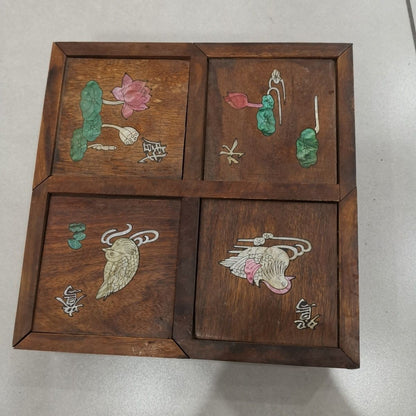 Vintage Rosewood 4-Compartment Treasure Box Shell Inlay Lotus Mandarin Duck 19cm