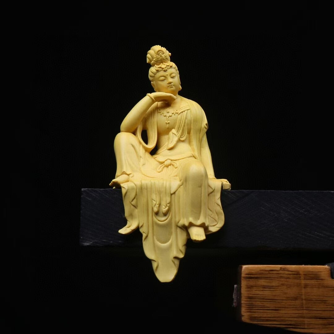 Chinese 100% Boxwood Wood Hand Carved Guanyin Kwan-yin buddha Statue table deco