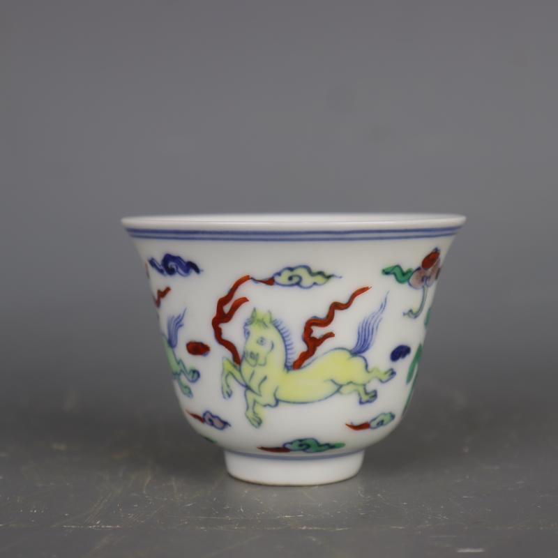 3.1" Ming Blue White Doucai Contrasting Colors Porcelain Animal Horse Cup