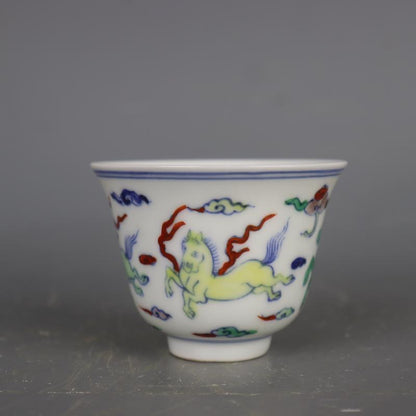 3.1" Ming Blue White Doucai Contrasting Colors Porcelain Animal Horse Cup