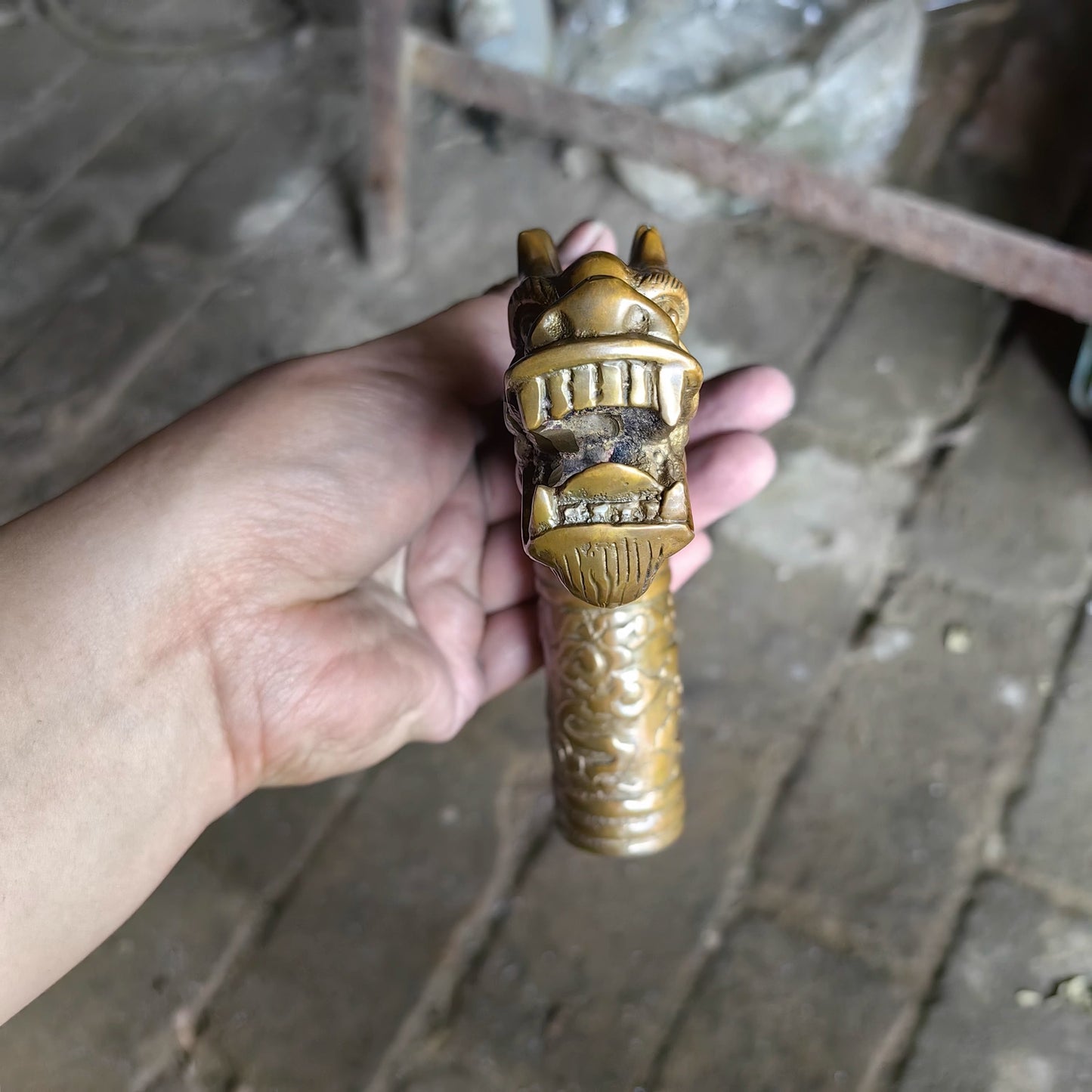 Solid Brass Chinese Dragon Head Statue Walking Stick Cane Handle Top Topper