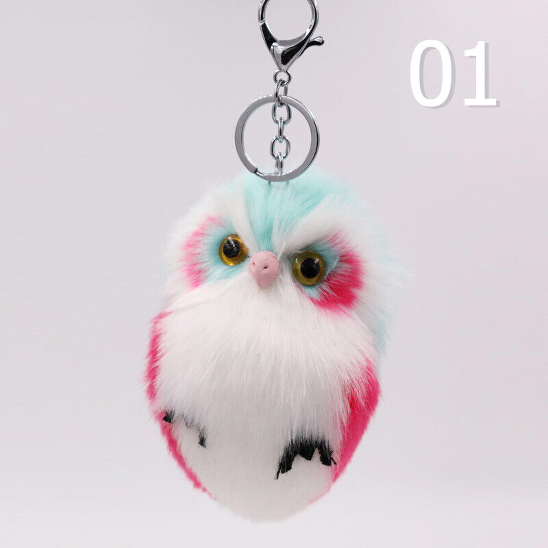 Cute Rabbit Fur Furry Owl Pendant Bag Charm Key Chain Plush Animal Car Pendant