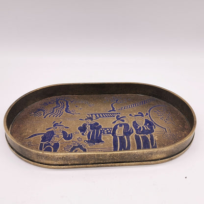 22cm China Ancient Brass Painting People Gathering Pattern Tea Board Tea Tray