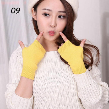 Women Winter Gloves Cashmere Knitted Cotton Fingerless Warm Stretch Half Mittens