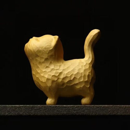 Chinese Boxwood Wood Hand Crafts Carved Cat Statue Netsuke Fengshui