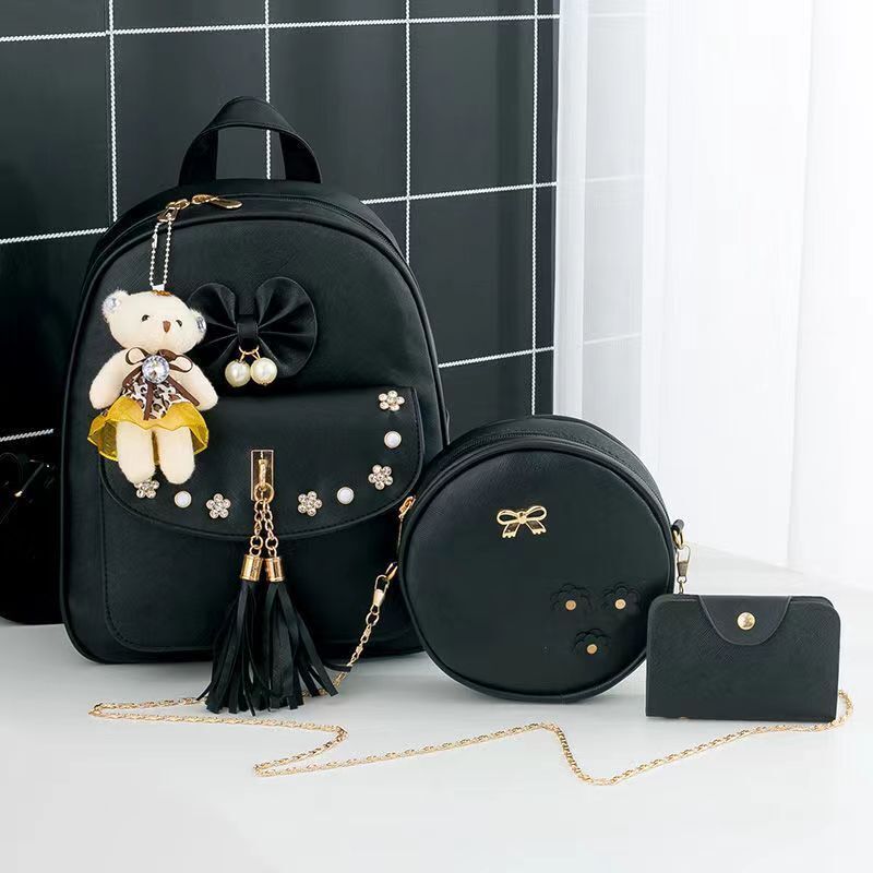 Leather Three Piece Backpack Sets Women Fashion Leather Backpack Card Holder 1PC