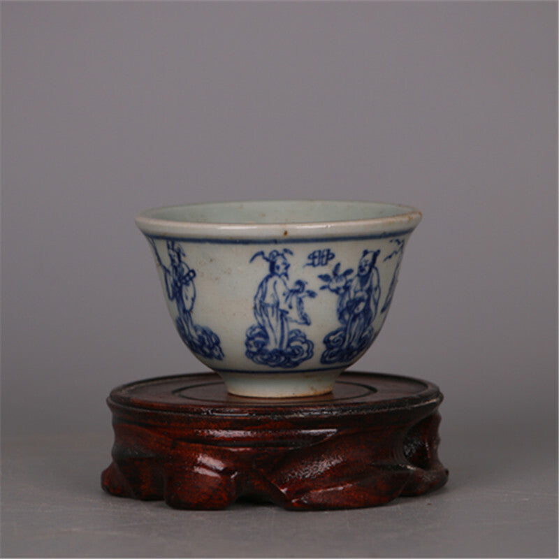 70ml Chinese Antique Ming Blue White Porcelain Eight Immortals Pattern Teacup