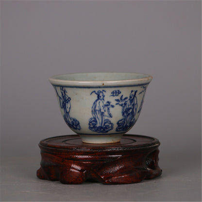 70ml Chinese Antique Ming Blue White Porcelain Eight Immortals Pattern Teacup