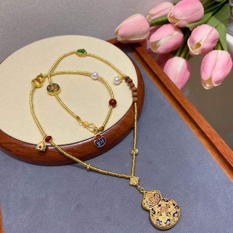 Vintage Cloisonné Gold Gourd Pendant - Chinese Lucky Enamel Sweater Chain