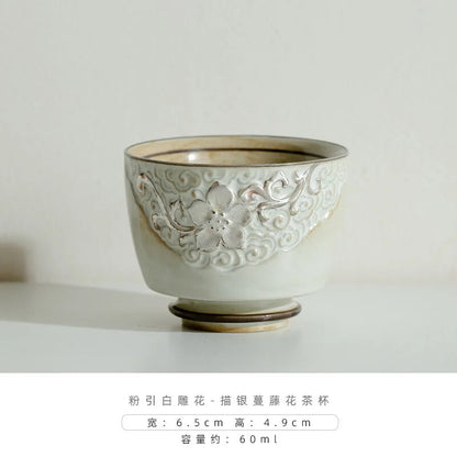 Powder Yin White Tea Cup Carved Drawing Silver Vine Flower High Foot Tea Bowl