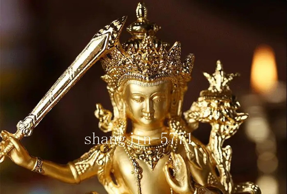 14.5cm Exquisite Alloy Gilt Manjushri Buddha Statue Tibetan Handcarved Ornament