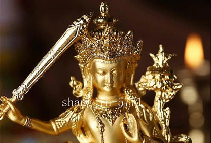 14.5cm Exquisite Alloy Gilt Manjushri Buddha Statue Tibetan Handcarved Ornament