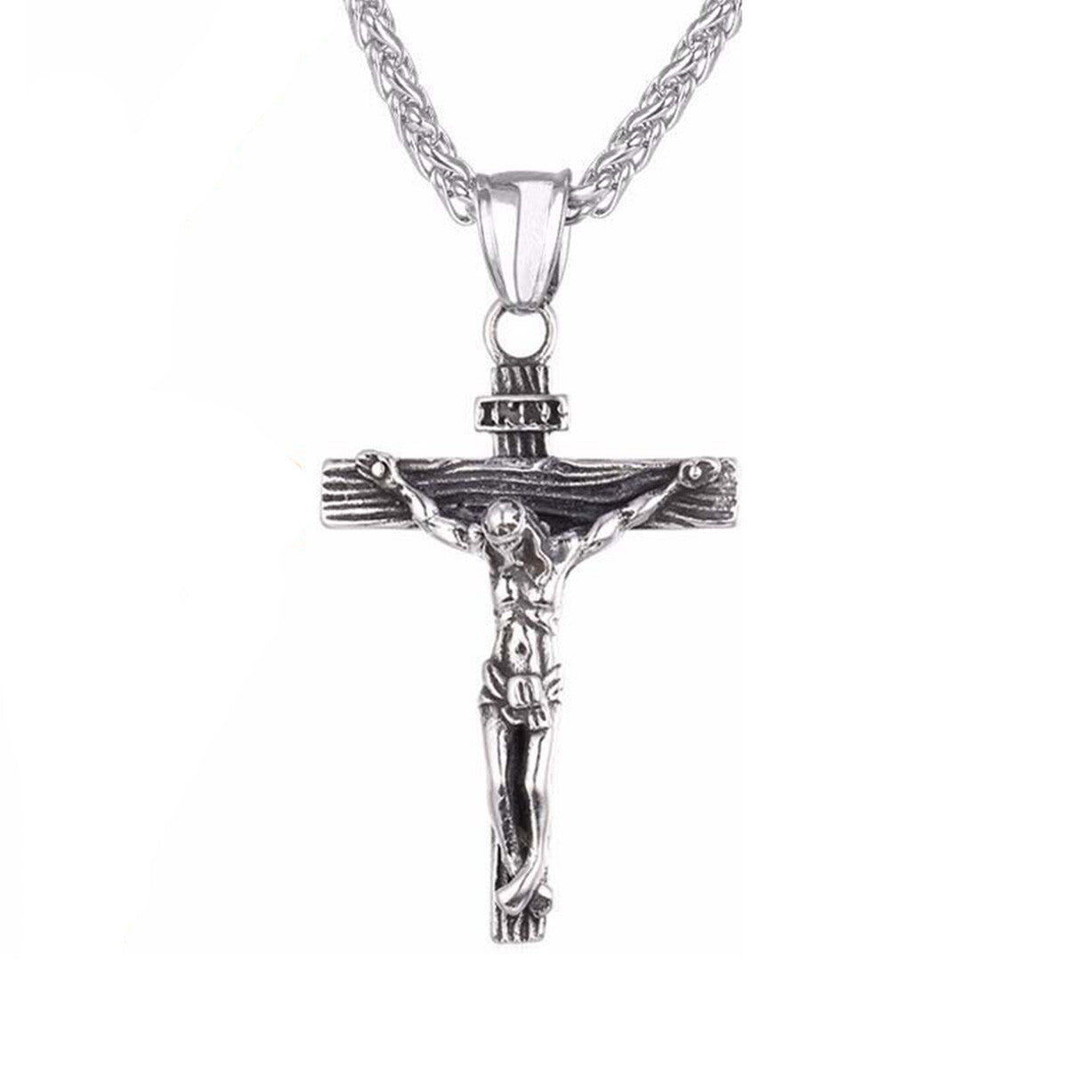 Stainless Steel Jesus Christ Crucifix Cross Pendant Chain Men Necklace