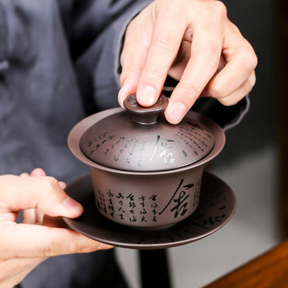 Yixing Purple Clay Gaiwan Handpainted Teacup Handmade Chinese Teaware Drinkware