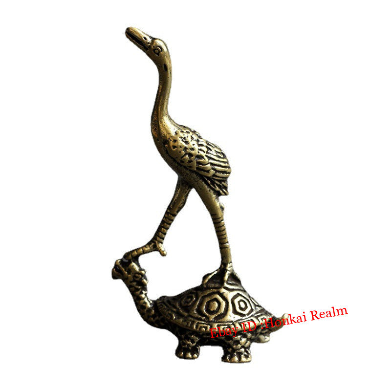 Solid Brass Turtle & Crane Figurine Miniature Vintage Turtle Tea Pet Ornament