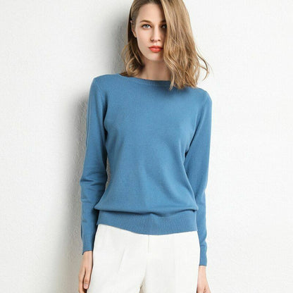 Women Sweater Clothes Solid Round Neck Jumper Long-sleeved Knitted Pullovers