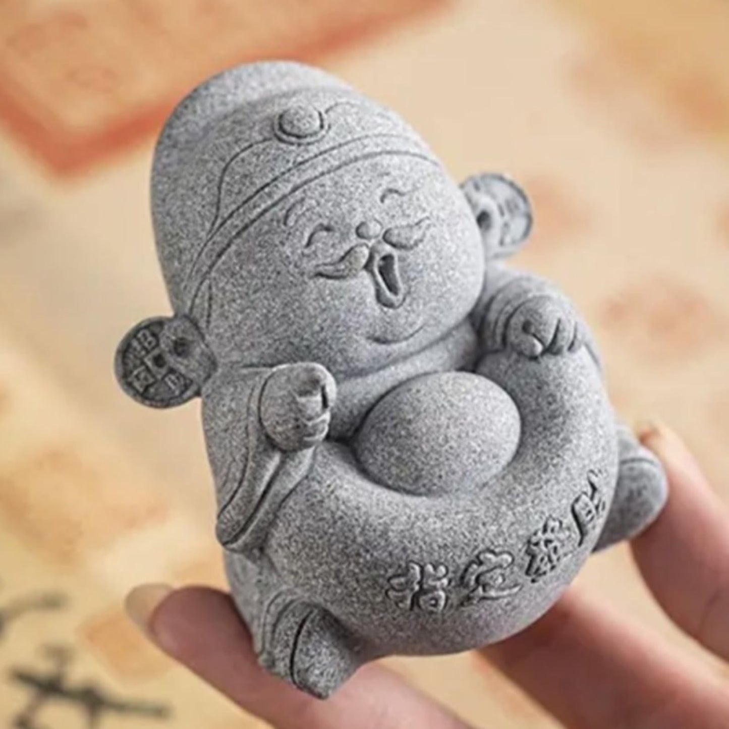 Sandstone Chinese-Mammon Tea Pet Decor 7.3cm Desktop Decor Attracting Wealth