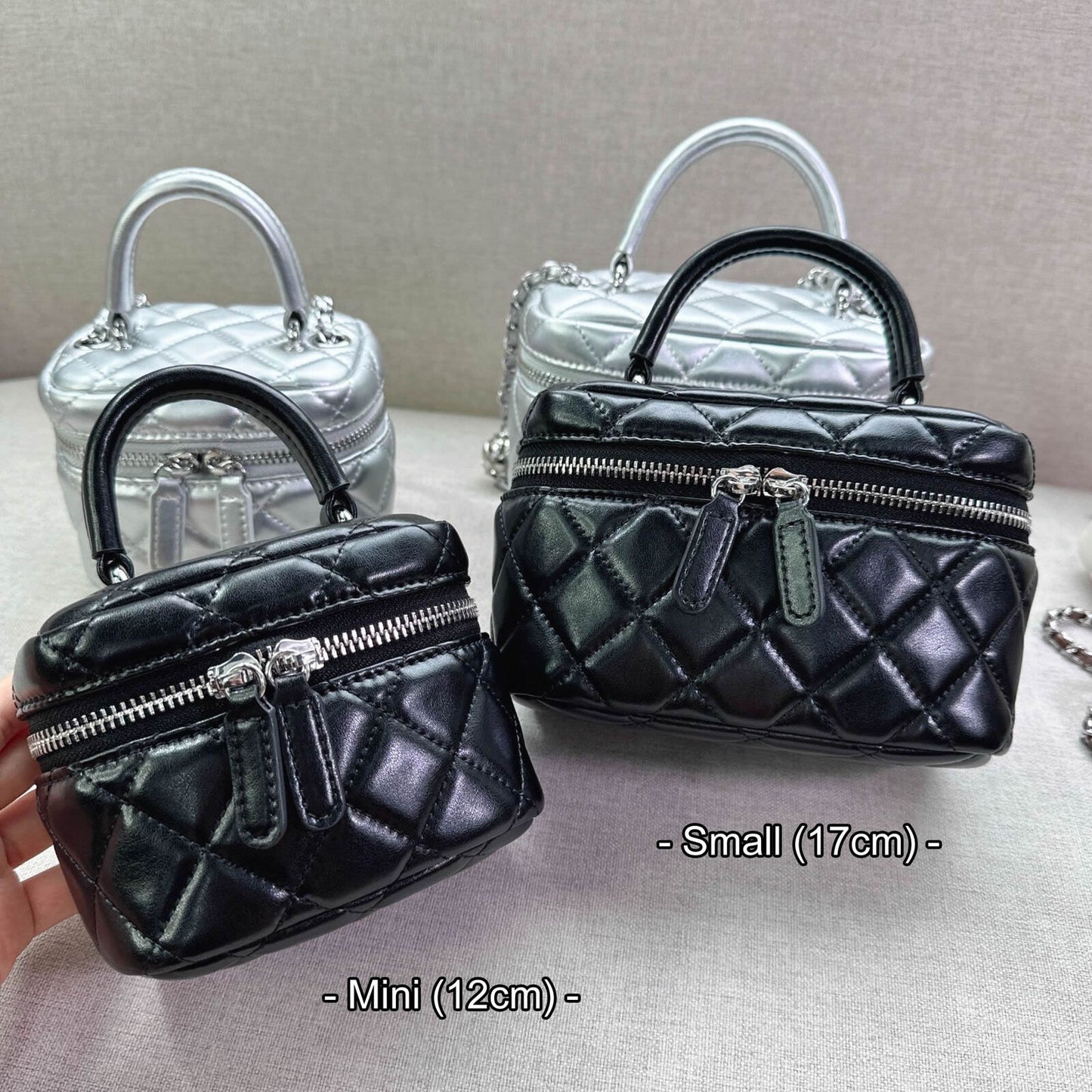 Mini Quilted Real Leather Vanity Case Box Purse Clutch Tote Shoulder Bag Chains
