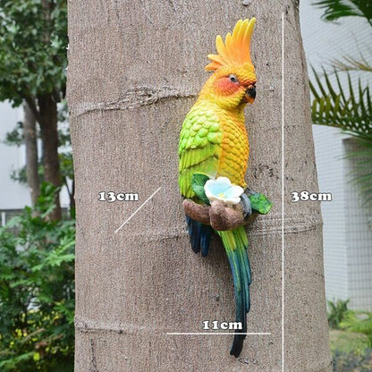 Resin Parrot Statue Wall Mounted Outdoor Garden Tree Decoration Animal Sculpture-