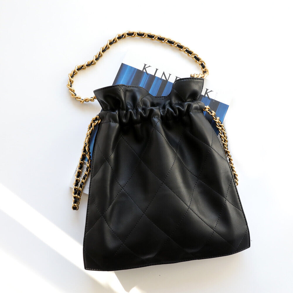 Quilted Real Leather Gold Chain Drawstring Bucket Bag Shoulder Purse Crossbody