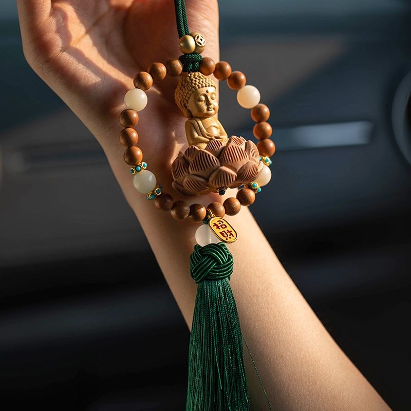 Peach Wood Buddha Car Pendant Lotus Beaded Tassel Rearview Mirror Ornament
