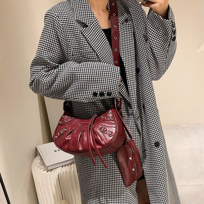 Half Moon Shape Leather Armpit Crossbody Bag Punk Style Vintage Handbag 2Pcs/set