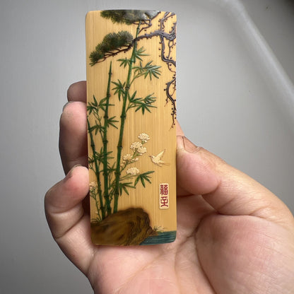 Retained Green Bamboo Carving Lucky Fu Handheld Wenwan Piece
