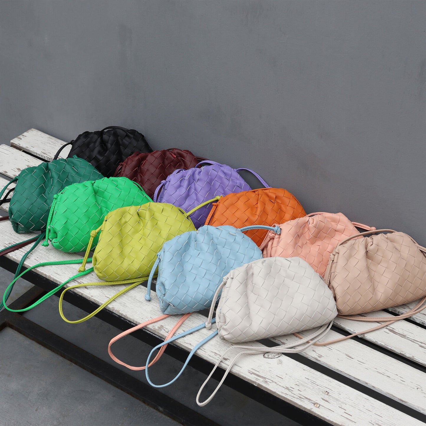 Woven Ruched Microfibre Leather Mini Pouch Clutch Bag Crossbody Shoulder Purse
