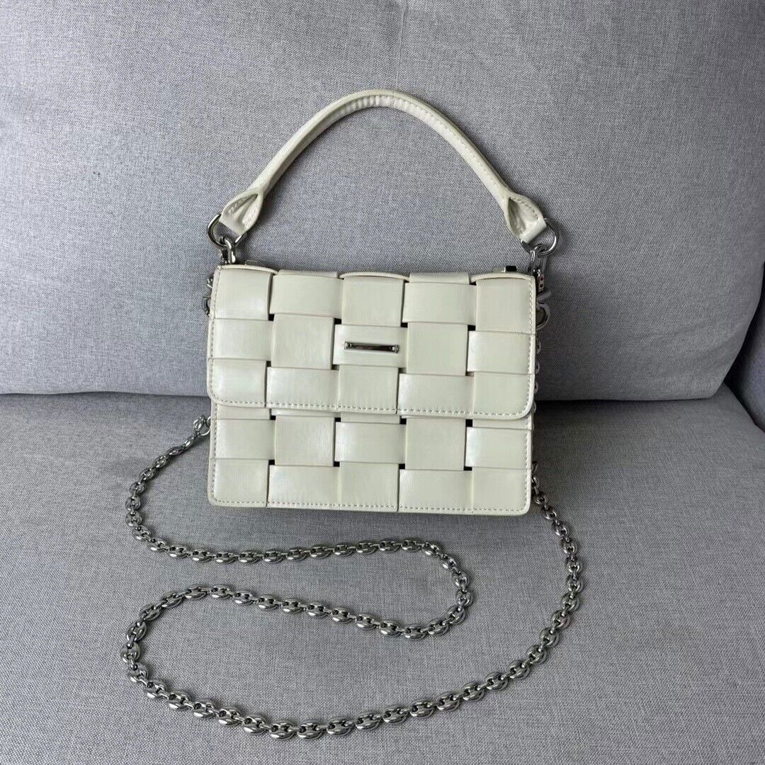 Woven Leather Small Flap Purse Chains Satchel Mini Tote Crossbody Shoulder Bag
