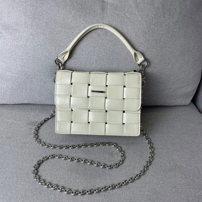 Woven Leather Small Flap Purse Chains Satchel Mini Tote Crossbody Shoulder Bag