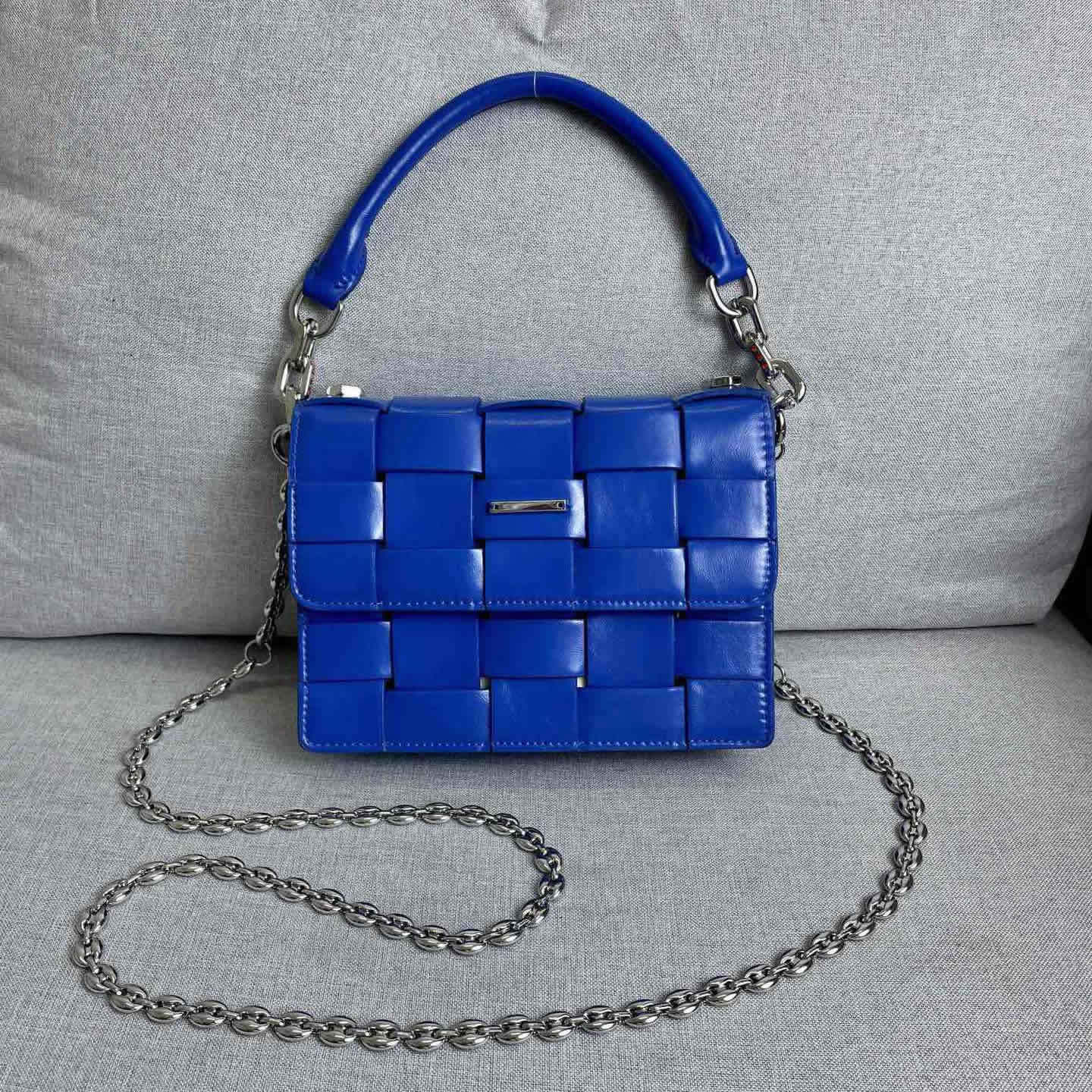 Woven Leather Small Flap Purse Chains Satchel Mini Tote Crossbody Shoulder Bag