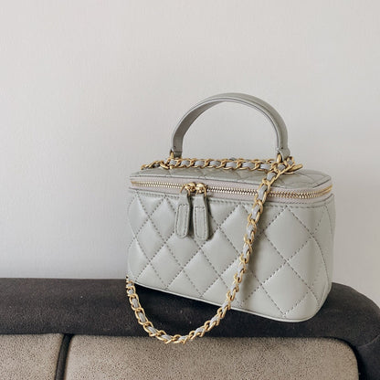 Quilted Lambskin Leather Vanity Case Chain Box Shoulder Bag ClutchTote Purse